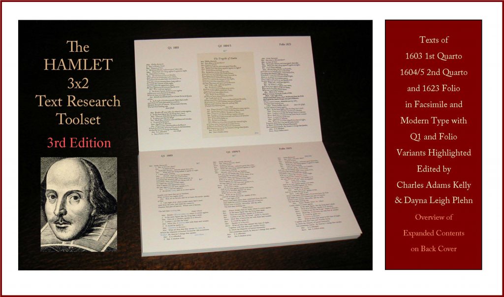 Image showing the front cover of The Hamlet 3x2 Text Research toolset. From left to right, the cover shows the title of the book, a portrait of William Shakespeare, a photograph of the interior layout of the book with the three Hamlet texts presented in parallel, and a description of the contents, as below. 