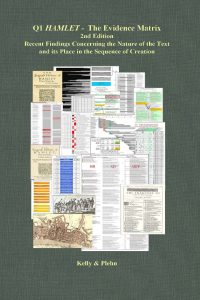 Image of the cover of Q1 Hamlet, the Evidence Matrix, 2nd Edition, in a hardcover binding. A green cloth cover with gold lettering and a collage of various charts and graphs illustrating the history of Hamlet Q1 that can be found inside the book. 