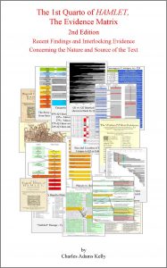 Image showing the front cover of The 1st Quarto of HAMLET, the Evidence Matrix, 2nd Edition in softcover. A white cover with red lettering and a collage of various charts and graphs illustrating the history of Hamlet Q1 that can be found inside the book. 